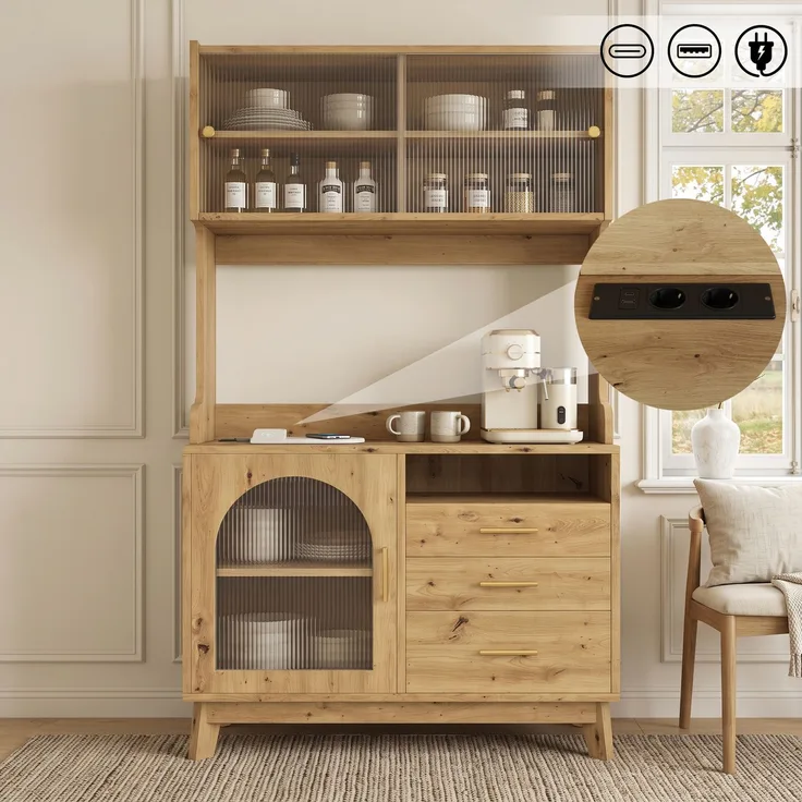 EINHOM Buffetschränke, Esszimmer-Hochschrank 100.5 x 40 x 178 cm, Mehrstufigem Stauraum, Integrierter Steckdose sowie USB-C- und USB-A-Anschlüssen, Holzfarbe
