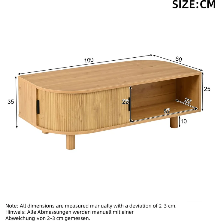 Couchtisch B 100 x T 50 x H 35 cm mit 2 Rolltüren und Stauraum, MDF und Spanplatte – Bild 4