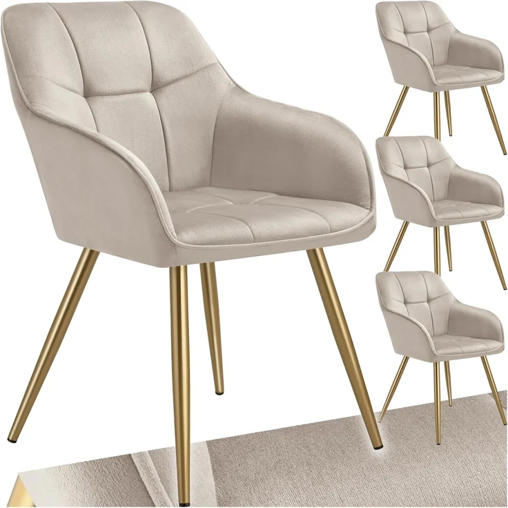 tectake Esszimmerstuhl Polstersessel gepolstert, in Samtoptik, gesteppt, 58 x 62 x 82 cm (Küchenstuhl Marilyn in taupe/gold, 4 St), schlanke, goldene Stahlbeine, bodenschonend, Belastbarkeit 120 kg – Bild 1