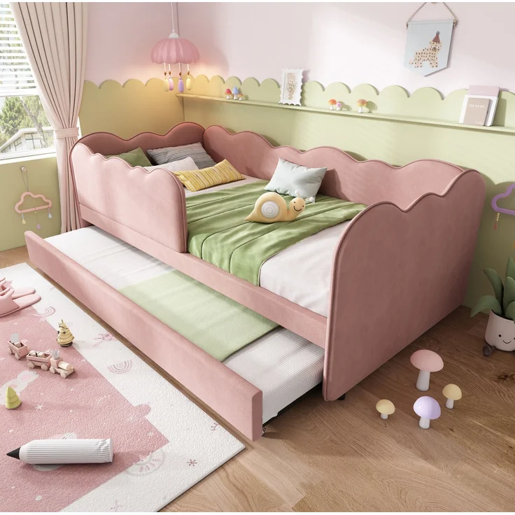 CHICFURN Bett Samt Rosa 90/180x190 cm mit Ausziehbett und abnehmbarem Vordergitter – Bild 1