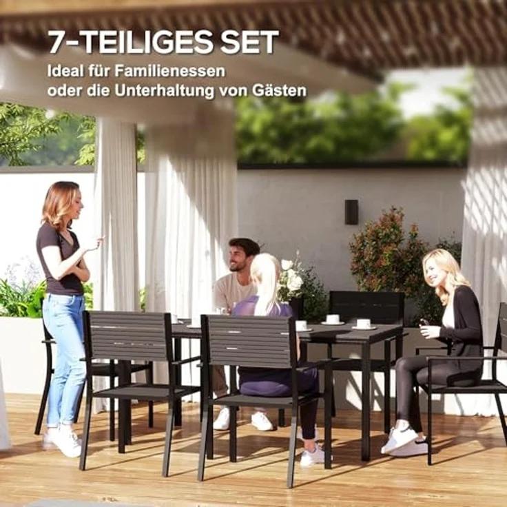 Outsunny Garten-Essgruppe mit 6 stapelbar Stühlen, geschlitzte Tisch, (Essgruppe für 6 Personen, 7-tlg, 7-teilig Sitzgruppe), für Terrasse, Balkon Dunkelbraun – Bild 3