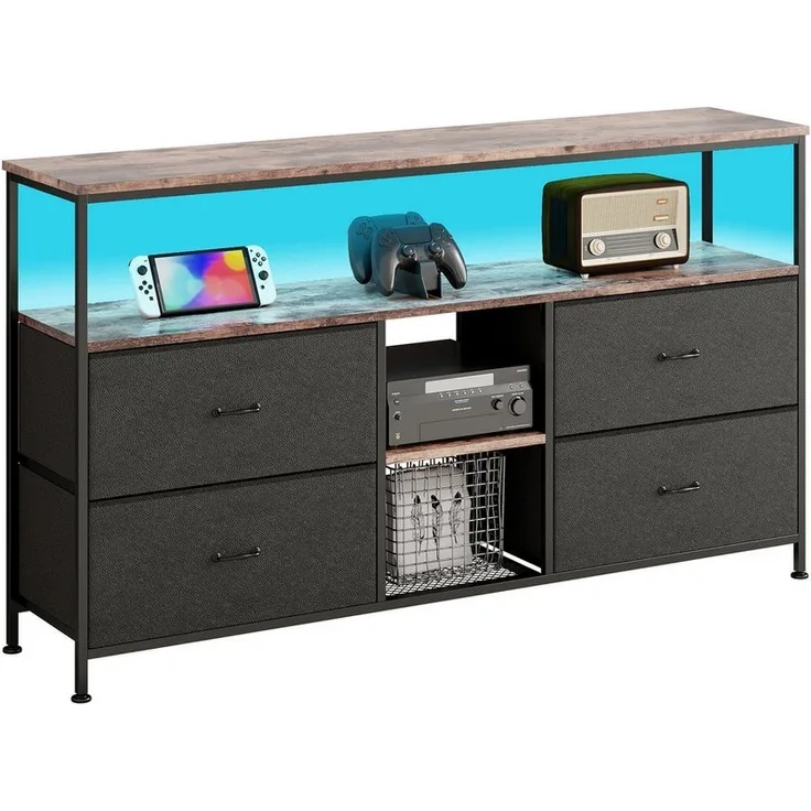 FUROKOY TV-Schrank Lowboard TV-Bank mit LED-Beleuchtung (Fernsehschrank Sideboard-Schrank mit 3 Regal und 4 Stoff Schubladen, für Wohnzimmer Schlafzimmer, Schwarz, 137 x 29.8 x 78cm)