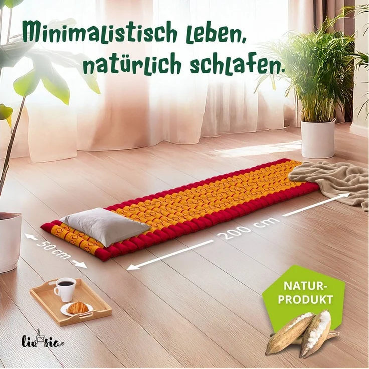 Reisebett-Matratzen Rollmatte 50 cm breit, vegan und handgefertigt, 210x50x4,5cm, livasia, 4,50 cm hoch, Kapok – Bild 2