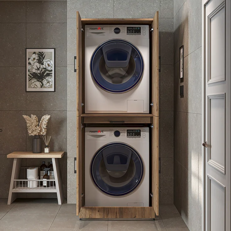 Roomart Waschmaschinenschrank DORA-I- Waschmaschinen- & Trocknerschrank mit Türen & Ausziehbrett – Waschküchenschrank für Waschmaschine & Trockner • Eiche – Bild 3