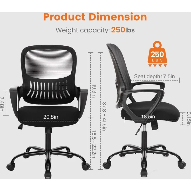 Sweetcrispy Bürostuhl, Computertisch, Managerial Chefsessel, ergonomischer Mid-Back Mesh Rollstuhl mit Rollen, Bequeme Lendenwirbelstütze, Bequeme Armlehnen für Zuhause, Schlafzimmer, Arbeitszimmer – Bild 2