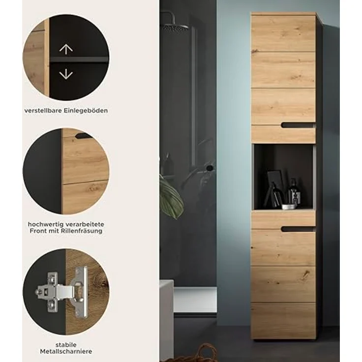 Xonox Canu Hochschrank, re./li. montierbar (B/H/T: 38x193x34 cm) in Basalt grau Nachbildung und Artisan Nachbildung – Bild 6