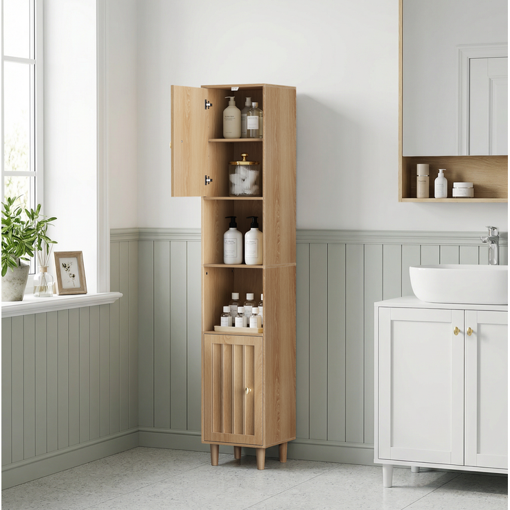 Badezimmer-Hochschrank 32 x 30 x 169 cm in Eichenoptik mit offenen Regalen und Doppeltür