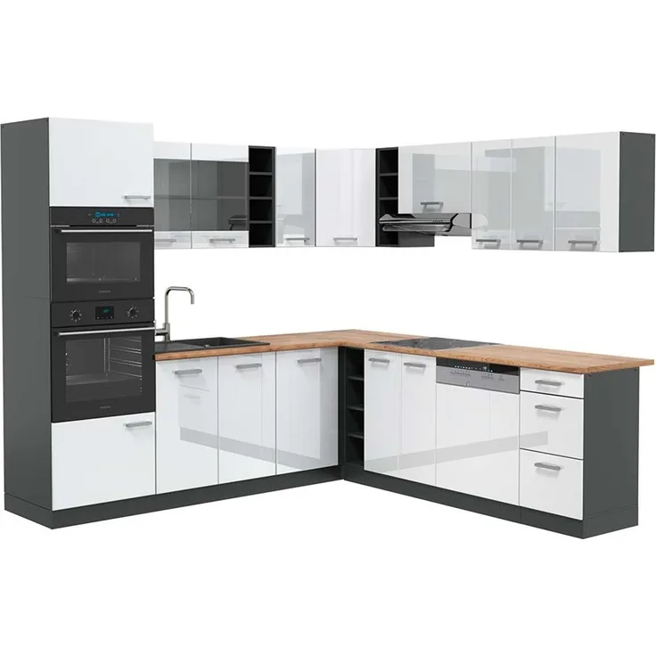 Eckküche R-Line Weiß Hochglanz/Anthrazit 247 x 237 cm, AP Eiche Vicco