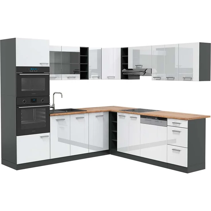 Eckküche R-Line Weiß Hochglanz/Anthrazit 247 x 237 cm, AP Eiche Vicco – Bild 1