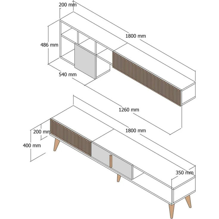 Dmora - Wohnzimmermöbel Gemini, Modulares Wohnzimmerset, Mehrzweck-Wohnzimmermöbel, Moderner TV-Schrank, 180x35h40 cm, Walnuss und Weiß – Bild 9