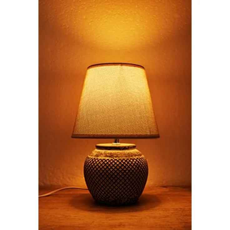 BRUBAKER Tischlampe Nachttischlampe, 30,5 cm hohe graue Keramik mit hellgrauem Leinen-Schirm, Vintage Gitteroptik – Bild 2