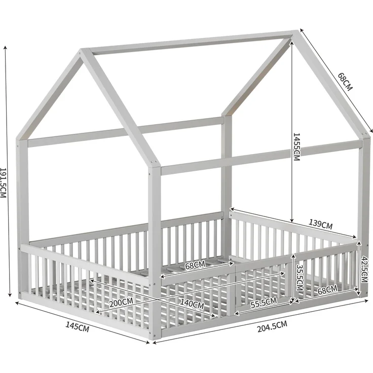 Merax 140*200cm Massivholzbett, Doppelbett, Flachbett, Hausbett, Hausbett mit Türchen, weiß – Bild 4