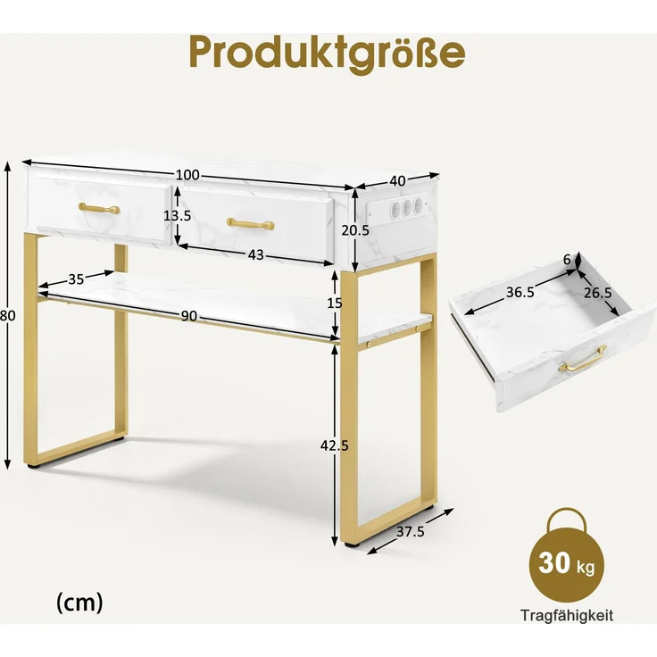 BarberPub Friseurtisch mit 2 Schubladen & Offener Ablage, Schreibtisch Marmor-Weiß Gold, Schminktisch ohne Spiegel, Friseurplatz für Friseursalon, Computertisch Schlafzimmer, 40x100x80cm, 3579 – Bild 3