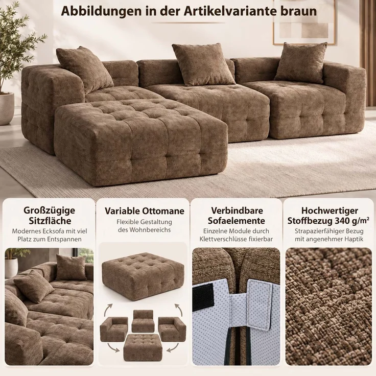Sofa HWC-R33, 3-Sitzer Couch Polster-/Loungesofa, Stoff/Textil (340g/m²) 270cm ~ braun – Bild 2
