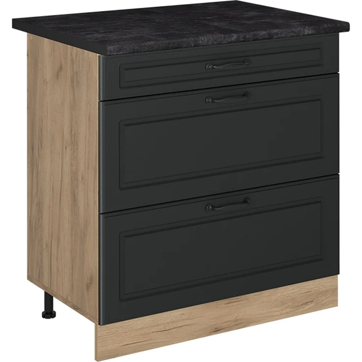 Küchenunterschrank R-Line Anthrazit Landhaus/Goldkraft Eiche 80 cm mit 3 Schubladen Arbeitsplatte Anthrazit Vicco – Bild 1