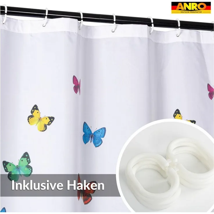 ANRO Duschvorhang FASTY Schmetterlinge Anti-Schimmel Polyester Badewanne Vorhang Breite 120 cm (Packung, 1-tlg, Duschvorhang inkl. Aufhängeringe), robuster Vorhang Stangenaufhängung 120x200cm Frühlingsdesign Bunt