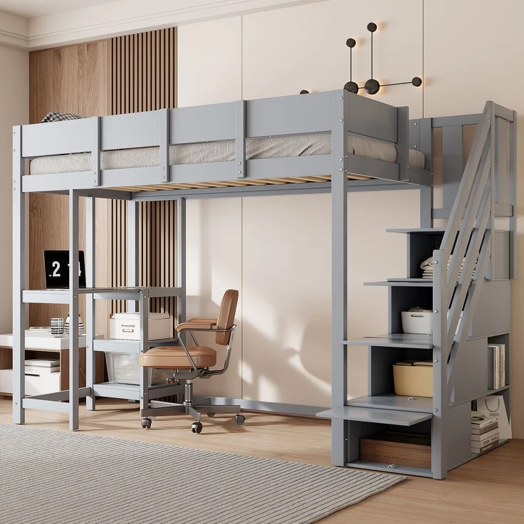 Hochbett 90x200 cm Kinderbett aus massivem Kiefernholz mit Stauraum,Treppe & Ablageregal,platzsparend,sicher,Grau – Bild 1