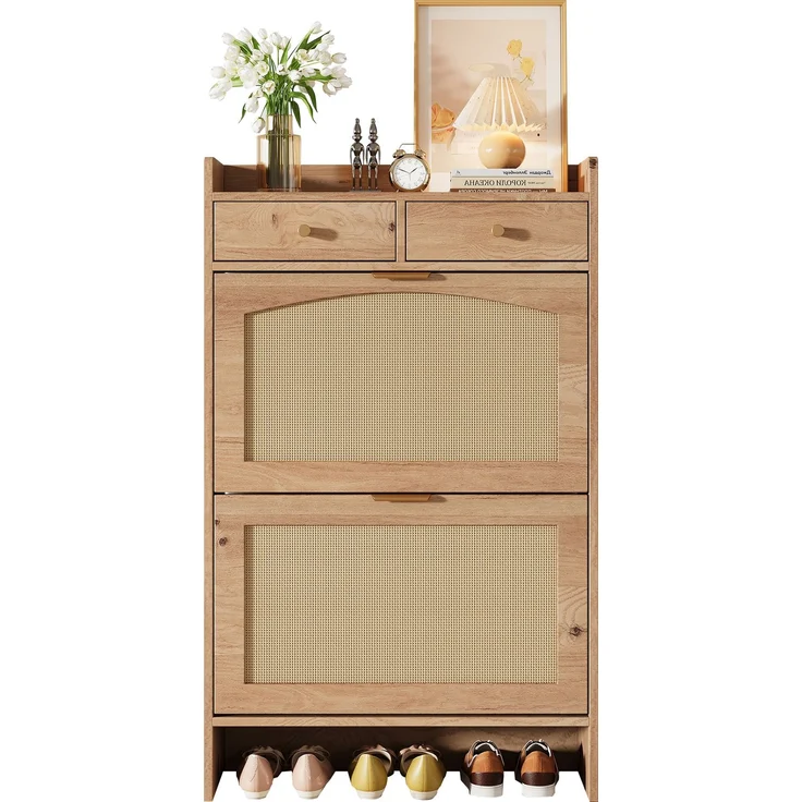 ZUBALIYA Schuhschrank (65 x 25 x 106 cm), 2 Klappfächer und 2 Schubladen, Fronten in Flechtoptik, Aus Spanplatte, Naturfarben – Bild 12