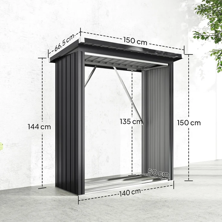 Überdachter Holzschuppen, Brennholzständer, erhöhtes Fundament, Schrägdach, verzinkter Stahl, 150 x 66,5 x 150 cm, grau – Bild 5