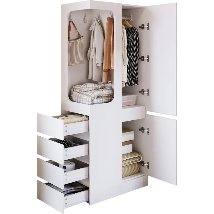 CHICFURN Kleiderschrank 70x170x40 cm Weiß mit 4 Schubladen und offenem Kleiderfach – Bild 6