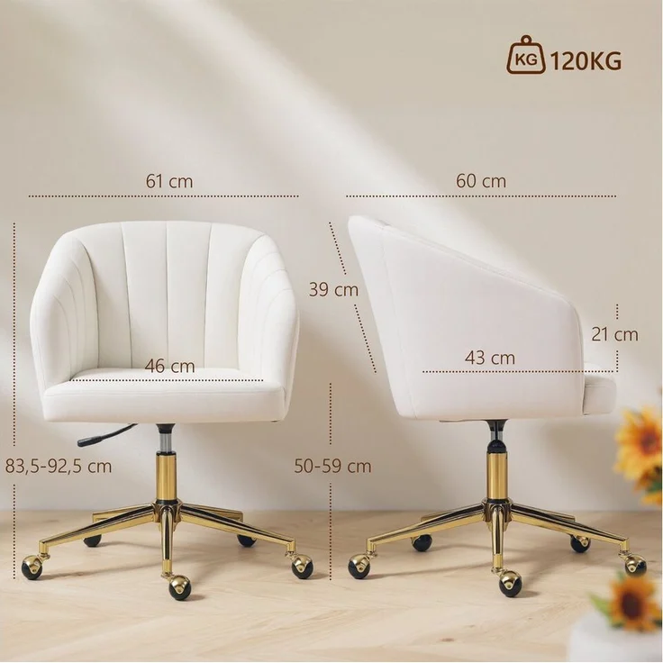 HOMCOM Bürostuhl mit Samtoptik, drehbaren Rollen (höhenverstellbarer Schreibtischstuhl, 1 St), bis 120 kg belastbar, für Arbeitszimmer Schlafzimmer, Cremeweiß – Bild 2