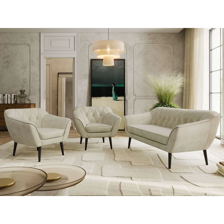 Wohnzimmerset PIRS 1-1-3, Skandinavisches 3-Sitzer Sofa mit Sesseln, Sofa mit Wellenfederung, schwarze Füße, Skandinavisches Möbelset - Beige Velvet – Bild 1