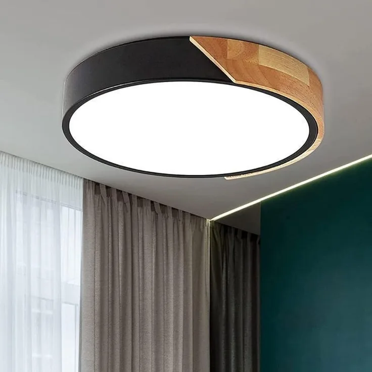 DELIPOP – Moderne LED – Deckenleuchte 24W 6500K Schwarze runde Holz – Deckenleuchte für Schlafzimmer, Esszimmer, Küche – Weißes Licht – Durchmesser – 30x30x5cm