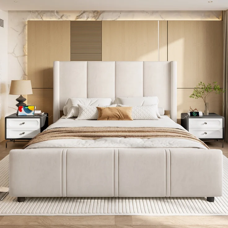 LVHOM Polsterbett hohem Kopfteil & Fußteil 140x200 cm Bettgestell, integriertem USB/Type-C-Anschluss und hochwertigem Samtstoff, Doppelbett – Bild 10