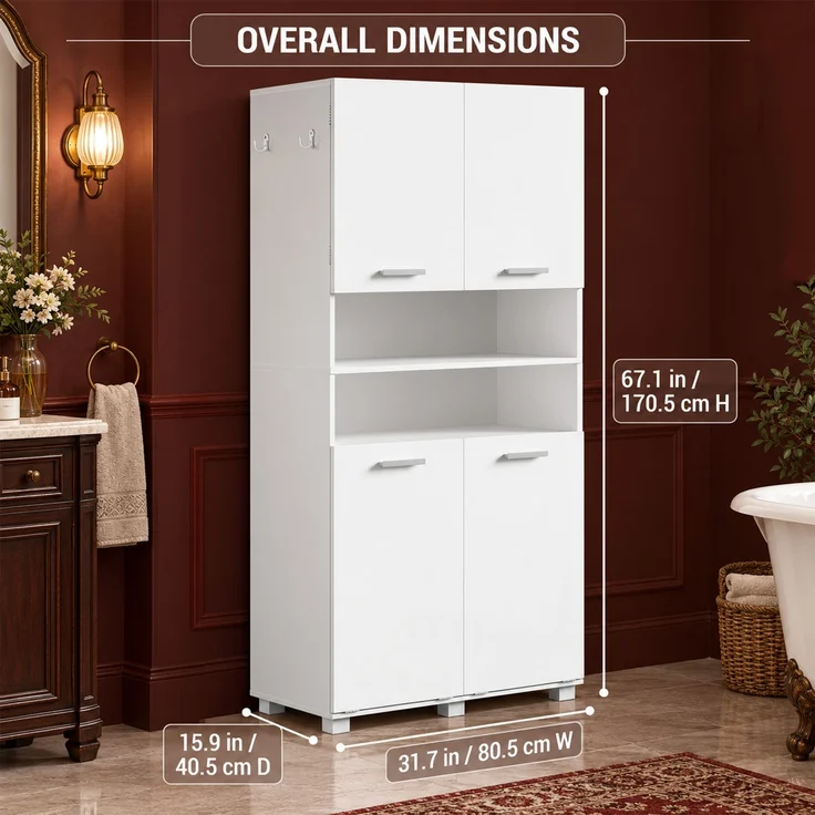 Halupeit Weißer Badezimmer-/Waschraumschrank mit Wäschekorb und verstellbaren Einlegeböden. 80,5 × 40,5 × 170,5 cm – Bild 4