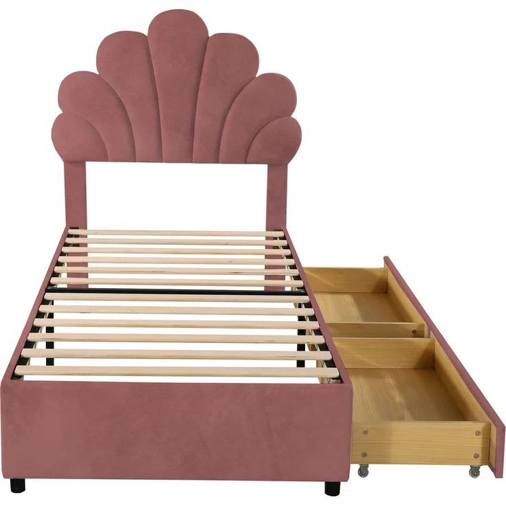 Polsterbett Kinderbett 90x200 cm, Bettrahmen mit geblümtem Kopfteil und Lattenrost, mit 2 Ablagefächern, Mädchenbett-Gästebett aus hautfreundlichem Samtstoff, Rosa – Bild 6