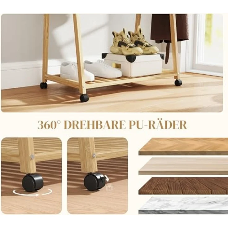HOMCOM Garderobenständer mit 2 Regalen und 4 Rollen, (Kleidungsständer, 1 St, Kleiderständer mit Schuhregal), für Flur, Wohnzimmer, Schlafzimmer, Naturholz – Bild 4