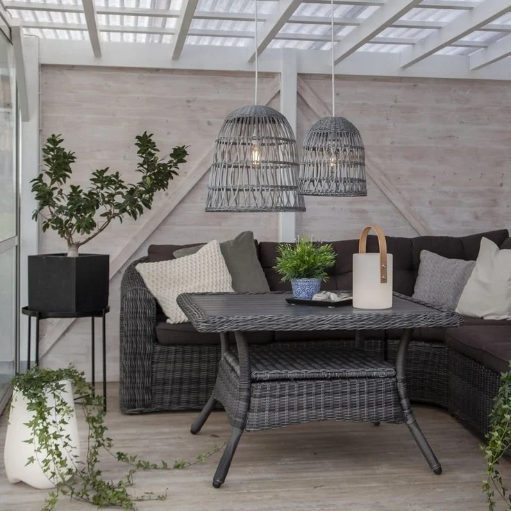 Geflochtener Lampenschirm ,Knute, aus Kunst-Rattan, groß, grau, E27, outdoor – Bild 2