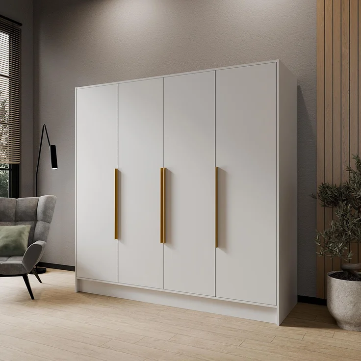 MEBLINI Kleiderschrank PORTINA 200cm - Weiß Matt - mit goldfarbenen Griffen - Drehtürenschrank ohne Spiegel - Kleiderstangen und Regalböden – Bild 2