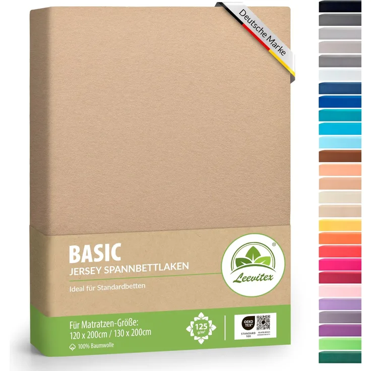 leevitex® Spannbettlaken 120x200 cm - 130x200 cm | Spannbetttuch Bettlaken | 100% Jersey Baumwolle | Matratzenhöhe bis 25 cm | Ökotex | Sand/Cappuccino