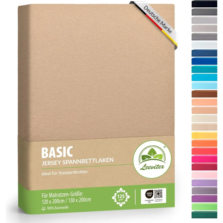 leevitex® Spannbettlaken 120x200 cm - 130x200 cm | Spannbetttuch Bettlaken | 100% Jersey Baumwolle | Matratzenhöhe bis 25 cm | Ökotex | Sand/Cappuccino – Bild 1
