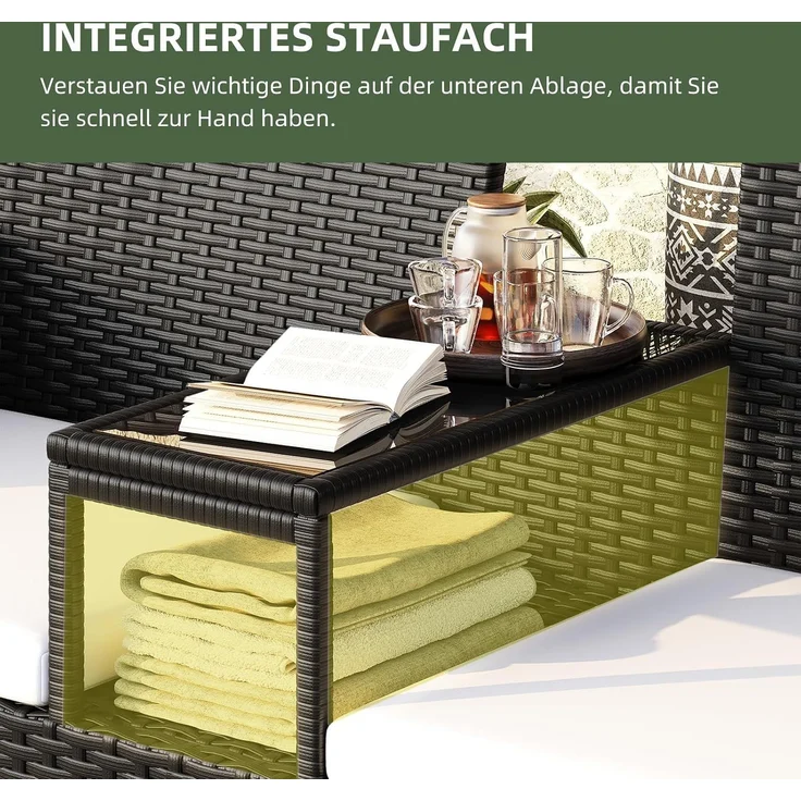 Aoxun 2-Sitzer-Gartenbank aus Rattan, extrabreite Outdoor-Zweisitzerbank mit seitlichem Ablagetisch 144x62x80cm, bequemes Terrassenmöbel-Set mit Kissen und Regenschutz für Garten, Balkon, Cremefarben – Bild 3