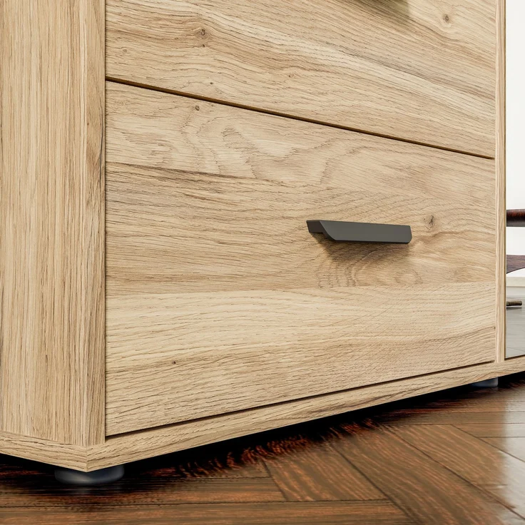 Forte MOKKARO Kleiderschrank 200, moderner Drehtürenschrank, 4-türig, 4 Schubladen, Spiegel, Mauvella Eiche Holzdekor|Kaschmir Beige, 205,9 cm breit x 200,1 cm hoch x 52,7 cm tief – Bild 10