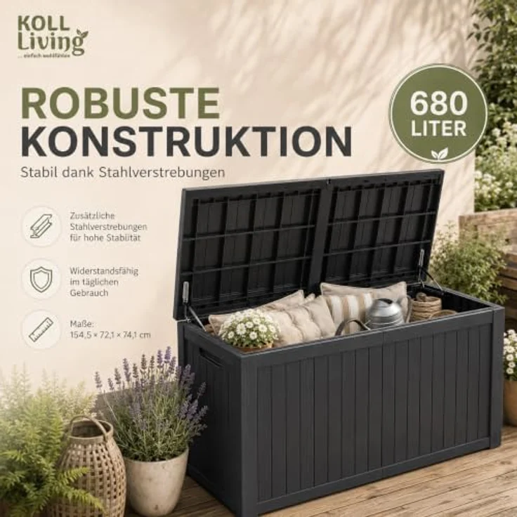 Koll Living Gartenbox 'Cedar', 680 Liter, Schwarz, abschließbar, wasserdicht, UV- & witterungsbeständig, Holzoptik – Bild 4