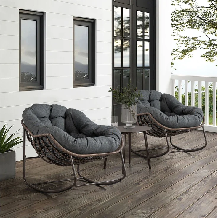 Schaukelstuhl 78x106x90 cm mit Polster, handgeflochtenem Polyrattan, Dunkelgrau – Bild 5