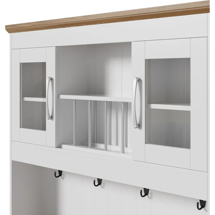 Merax 176.5cm Küchenbuffet Schrank mit Stauraum, Küchenschrank mit Vitrinenfächern, 2 Schubladen, Türen und Hakenleiste – Buffetschrank, Weiß + Holzfarbe – Bild 7