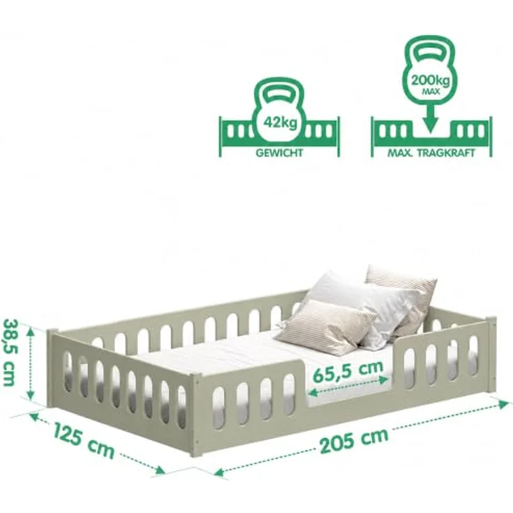 CADANI Monte 120x200 Grün Bodenbett - Rausfallschutz abnehmbar, bis 200 kg | Montessori Kinderbett, robuster Roll-Lattenrost, abgerundete Kanten, hochwertige Fertigung in der EU für langlebige Qualität – Bild 3