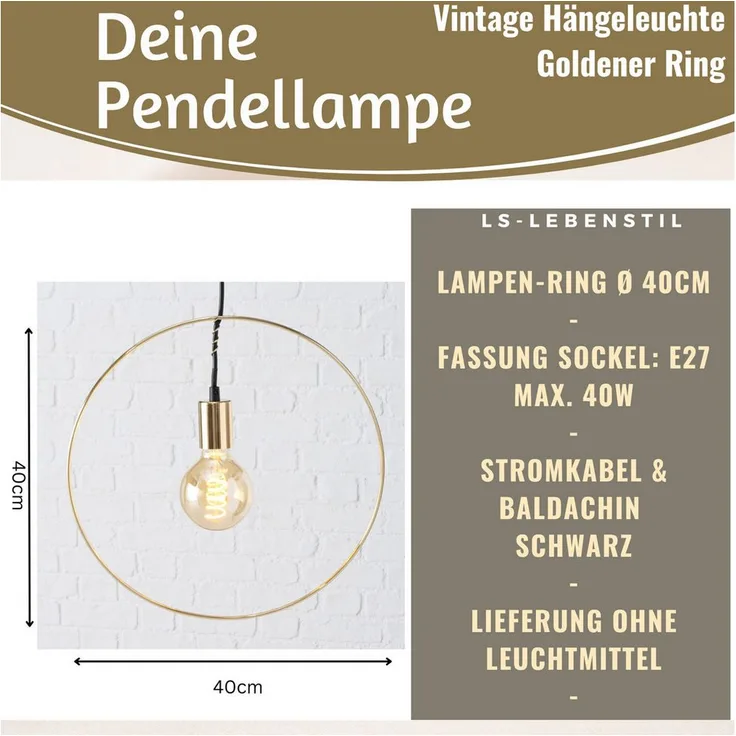 LS-LebenStil Pendelleuchte Athen, Ring Deckenleuchte Gold 40cm E27, Vintage Design mit Ein-/Ausschalter, ohne Leuchtmittel