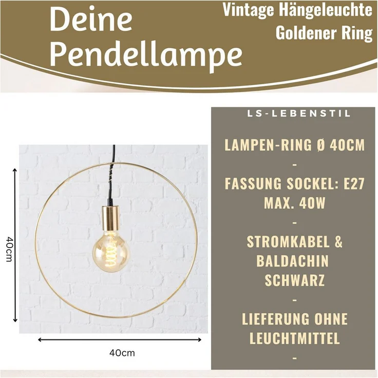 LS-LebenStil Pendelleuchte Athen, Ring Deckenleuchte Gold 40cm E27, Vintage Design mit Ein-/Ausschalter, ohne Leuchtmittel