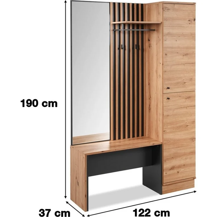 Newroom Kompaktgarderobe Wildeiche 122 cm Wildeiche Garderobe Schuhregal Flurgarderobe Modern Vintage Gardero... – Bild 2