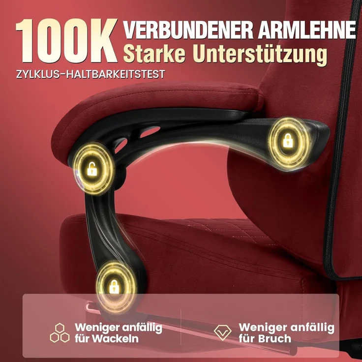 GTPLAYER Gaming Stuhl Stoff Gaming Chair Ergonomisch Bürostuh PC Stuhl, 150kg Belastbarkeit, Verstellbarer und Drehbarer Schreibtischstuh mit Federsitzkissen und Fußstütze, Rot – Bild 7