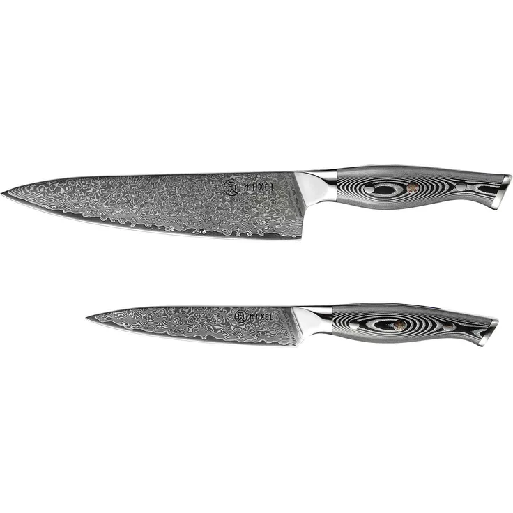 2-tlg Messer Set Damast V10 Edelstahl 62 Lagen Kochmesser und Gemüsemesser extra scharf V - Kante für Links- und Rechtshänder