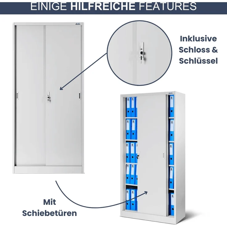 Aktenschrank abschließbar ROLF - Schiebetüren, 5 Ebenen | Büroschrank aus Stahl Metallschrank Werkstatt Mehrzweckschrank Werkzeugschrank, 185x90x40cm Grau – Bild 5