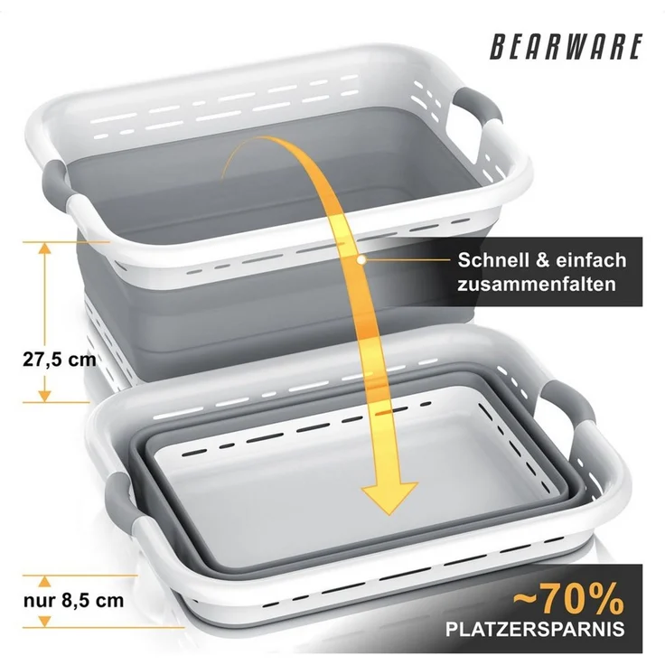 BEARWARE Wäschekorb Faltbarer Wäschekorb 45 l, Wäschewanne mit gummierten Griffen (1 St), faltbar von 27,5 auf 8,5 cm, über 70% Raumgewinn, Belüftungsschlitze – Bild 3