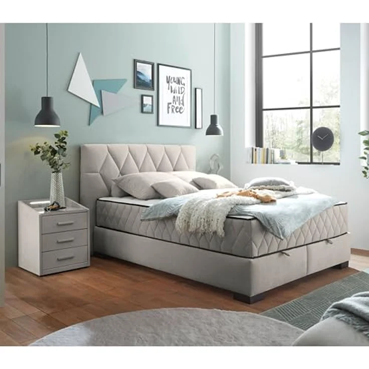 NAGOL B Boxbett 140x200, Sand - Bequemes Bett mit Bettkasten und Premium 9-Zonen-Federkern Wendematratze - 165 x 114 x 214 cm (B/H/T) – Bild 3