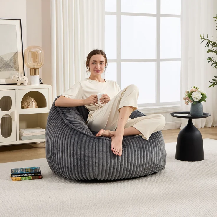 Wohnora-Bean Bag Stuhl mit Memory-Schaumstofffüllung, gestreifter Blasen-Plüsch, flauschig, gemütlich, gemütlicher Sofa für Wohnzimmer, Wohnungen und Schlafsäle,H 73cm x T 98cm x B 92cm,Dunkelgrau – Bild 2